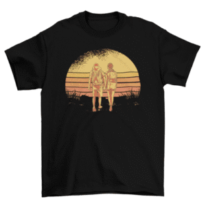 Couple hiking retro sunset t-shirt